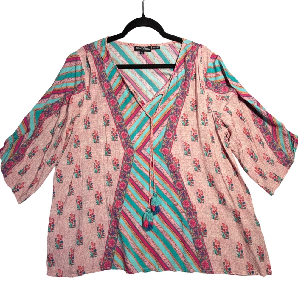Tolani Collection Womens‎ XL Modal Boho Tassel Tunic Top Pink Teal Floral Stripe